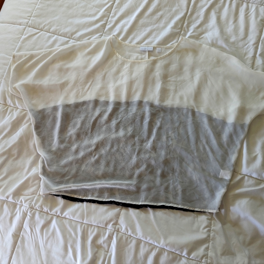 NY&C short sleeve white sheer shirt with black lace on the back, sz L
